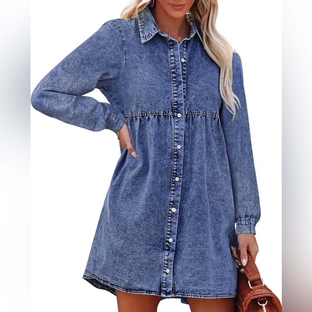Casual Denim Button-Front Midi Dress in Washed Blue